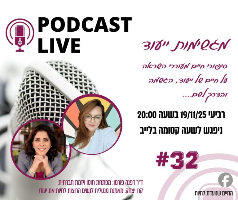 הודעה על פודקאסט בשידור חי בעברית עם תמונות של שתי נשים, מיקרופון ופרטי האירוע על פודקאסט בשידור חי ב-25/11 בשעה 20:00. פרק מספר 32. - דפנה פורמן, הרצאות, ייעוץ וטיפול רגשי במעברים וברילוקיישןש