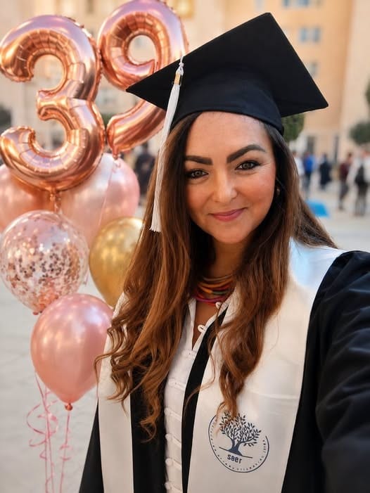 אישה לבושה בגלימה וכובע סיום לימודים עומדת מול בלונים ורודים וזהובים, ביניהם בלונים בצורת המספר 39, ומחייכת למצלמה — חוגגת את עונת המסיבות בשמחה ובגאווה. - דפנה פורמן, הרצאות, ייעוץ וטיפול רגשי במעברים וברילוקיישןש